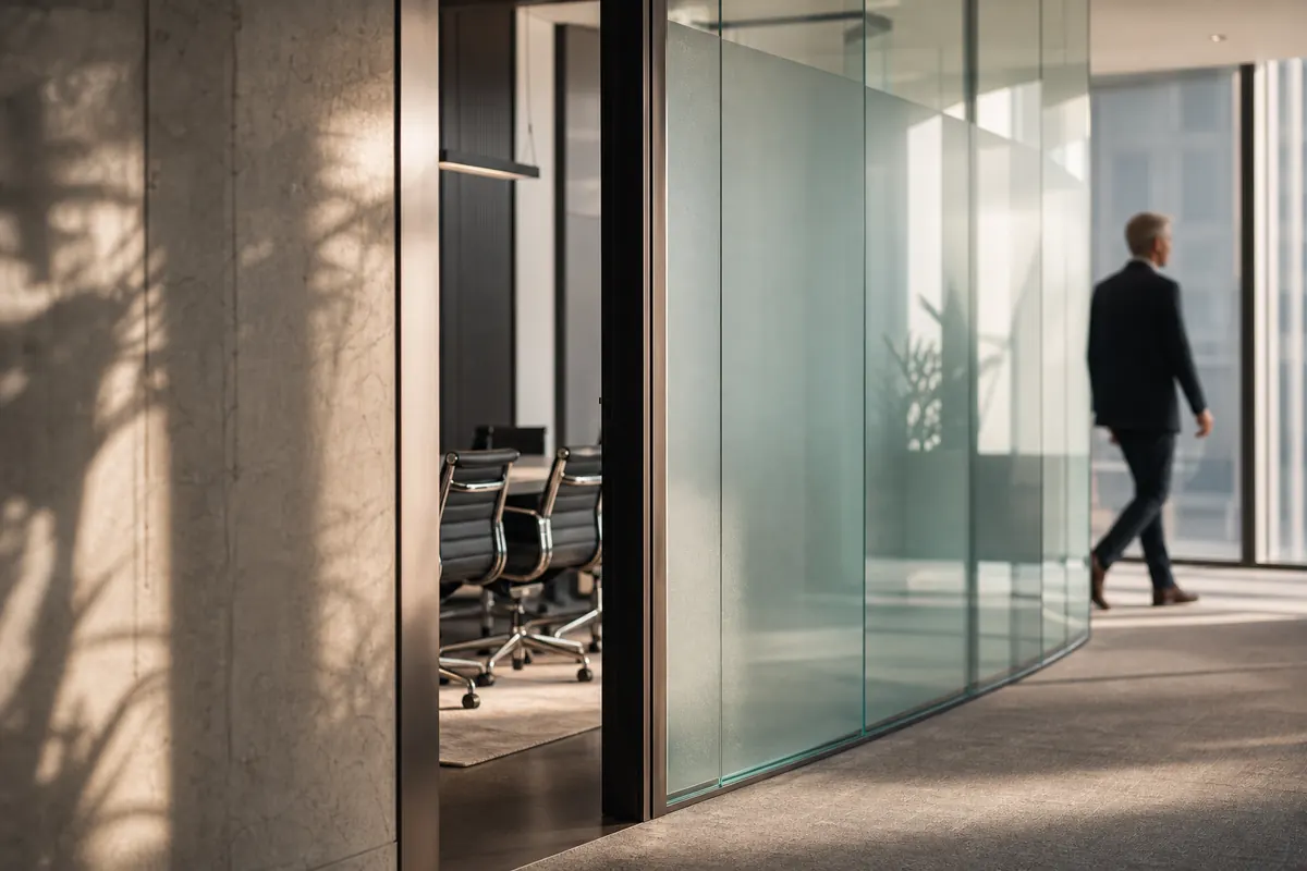 Frosted glass corridor outside a private executive meeting room