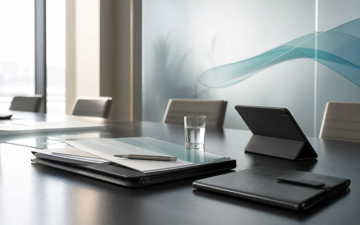 Private boardroom table with mandate materials and a teal glass signal