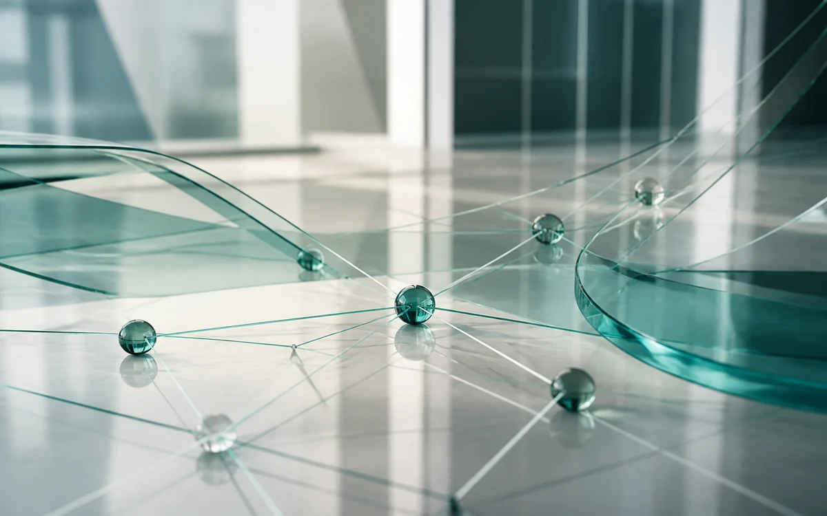 Abstract teal glass network visual representing advisory reach
