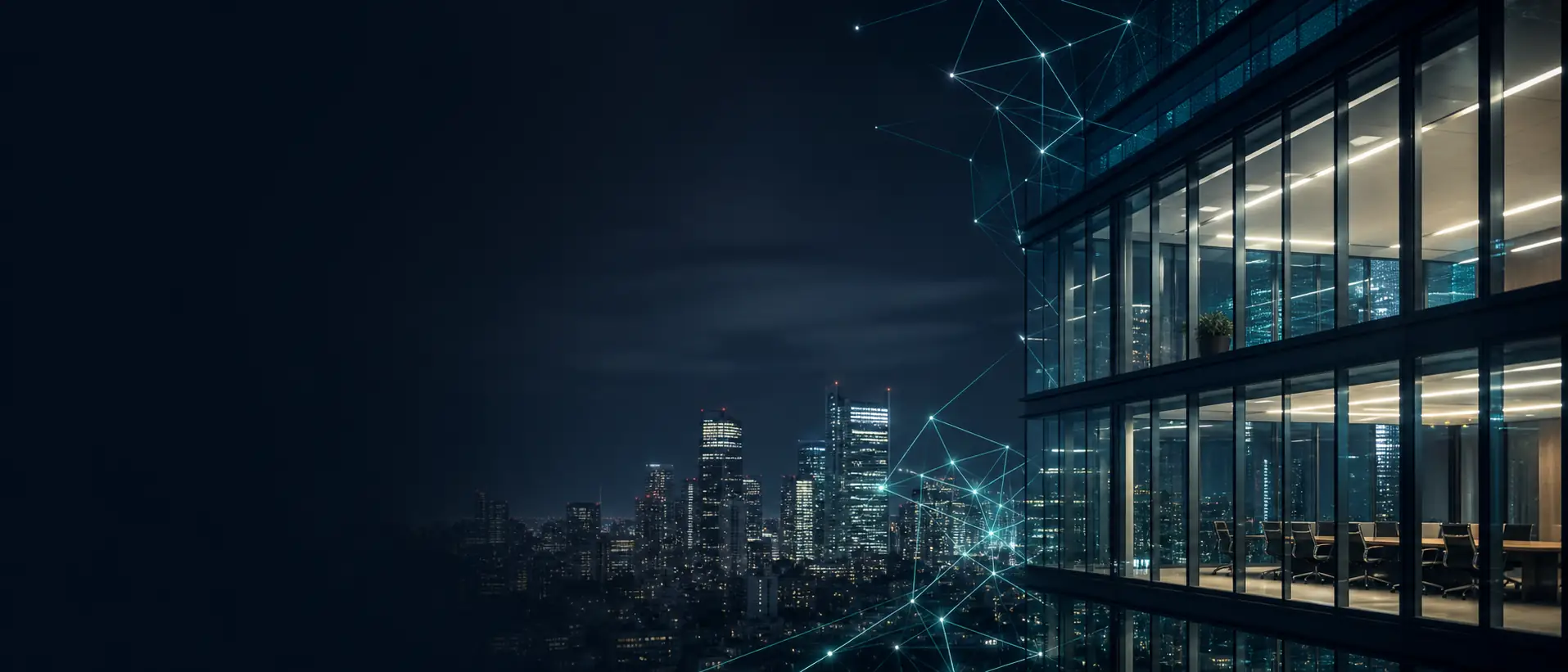 Glass boardroom overlooking a city skyline at night