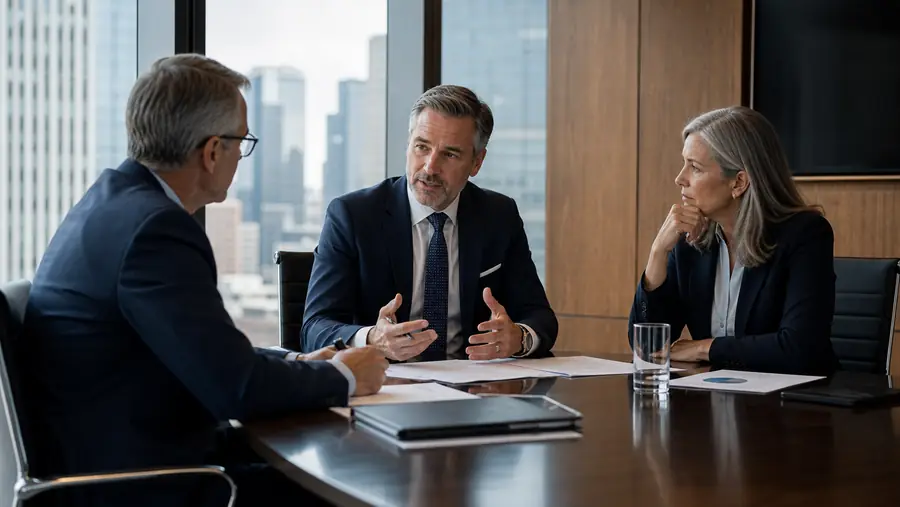 Senior board leaders discussing mandate clarity in a private boardroom