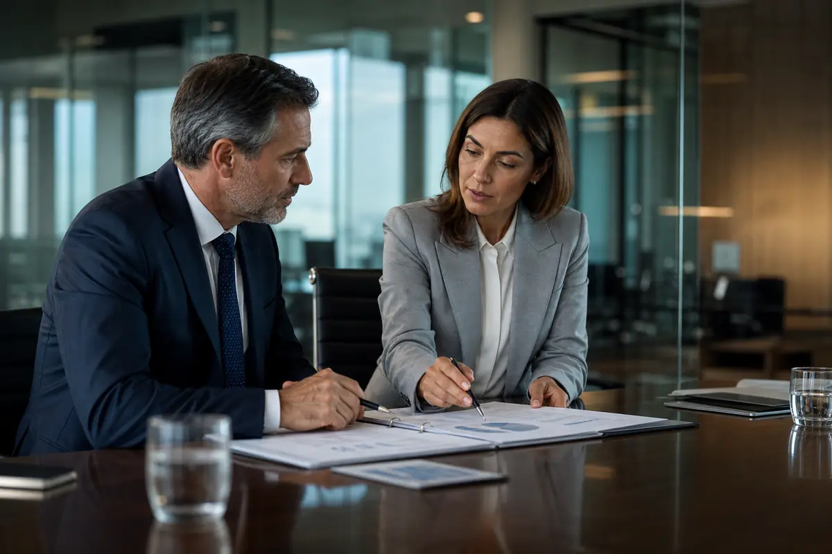 Senior executives reviewing board qualification materials before introductions
