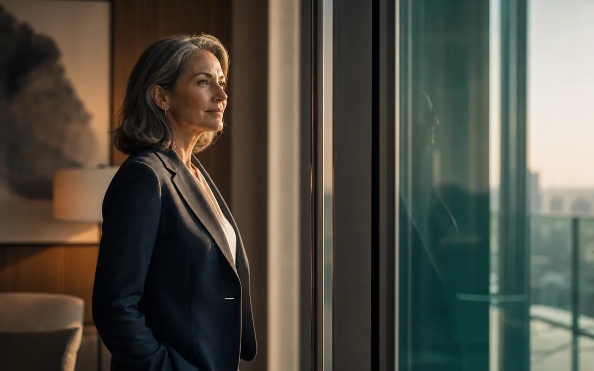 Senior executive preparing for a confidential leadership conversation in warm window light