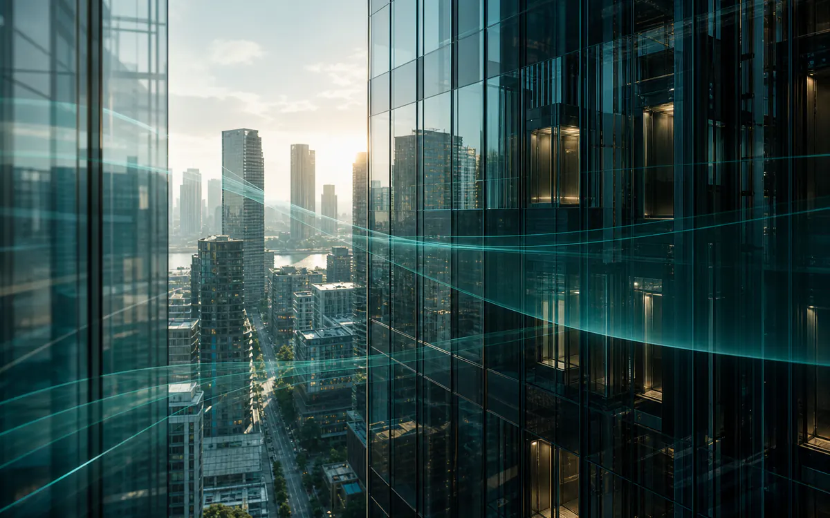 Layered city towers and glass reflections suggesting executive search market reach