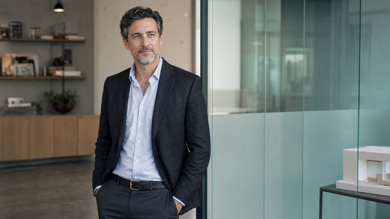Senior executive standing beside architectural glass in a private office