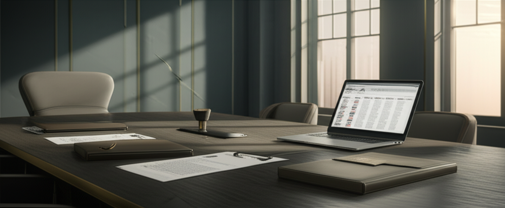 Executive boardroom with shortlist document and candidate grid