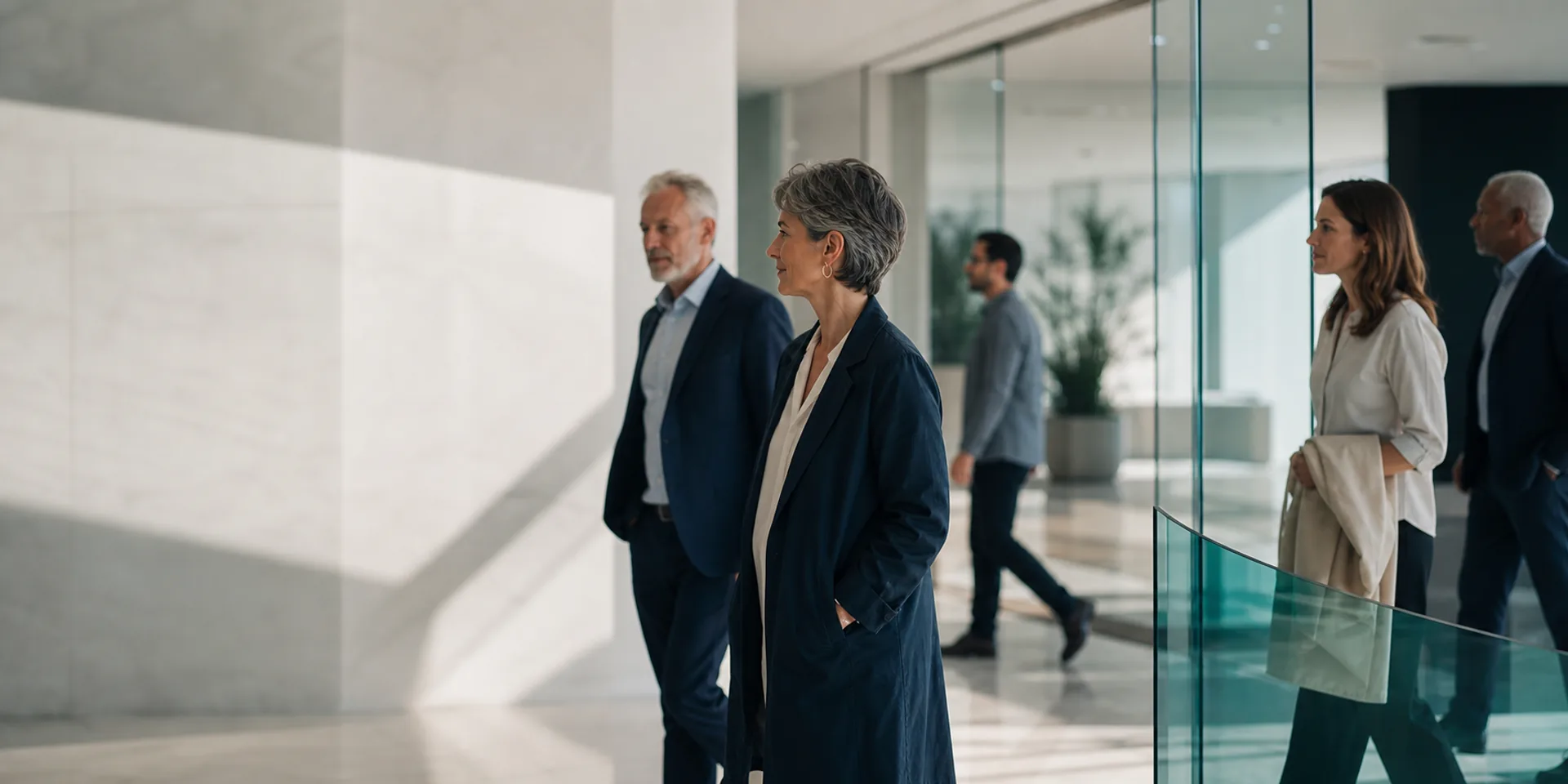 Senior operators and advisors moving through a private glass advisory space