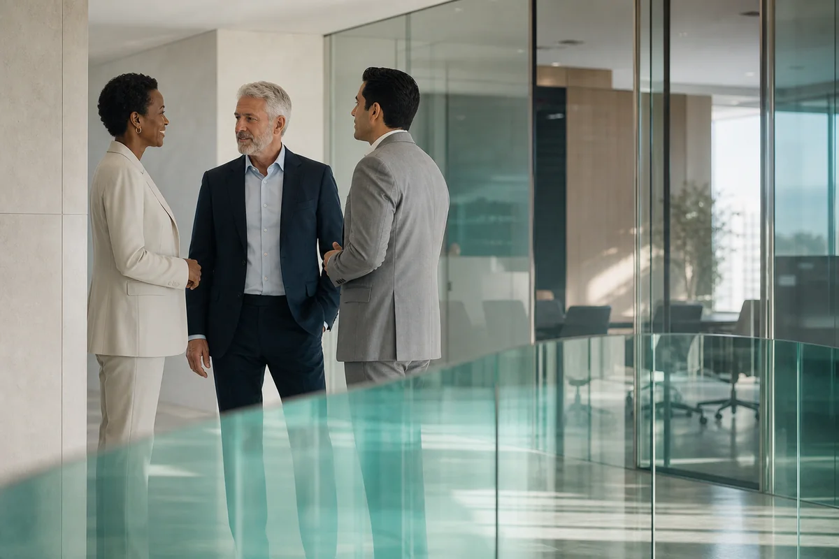 Advisors in conversation beside layered glass mandate paths