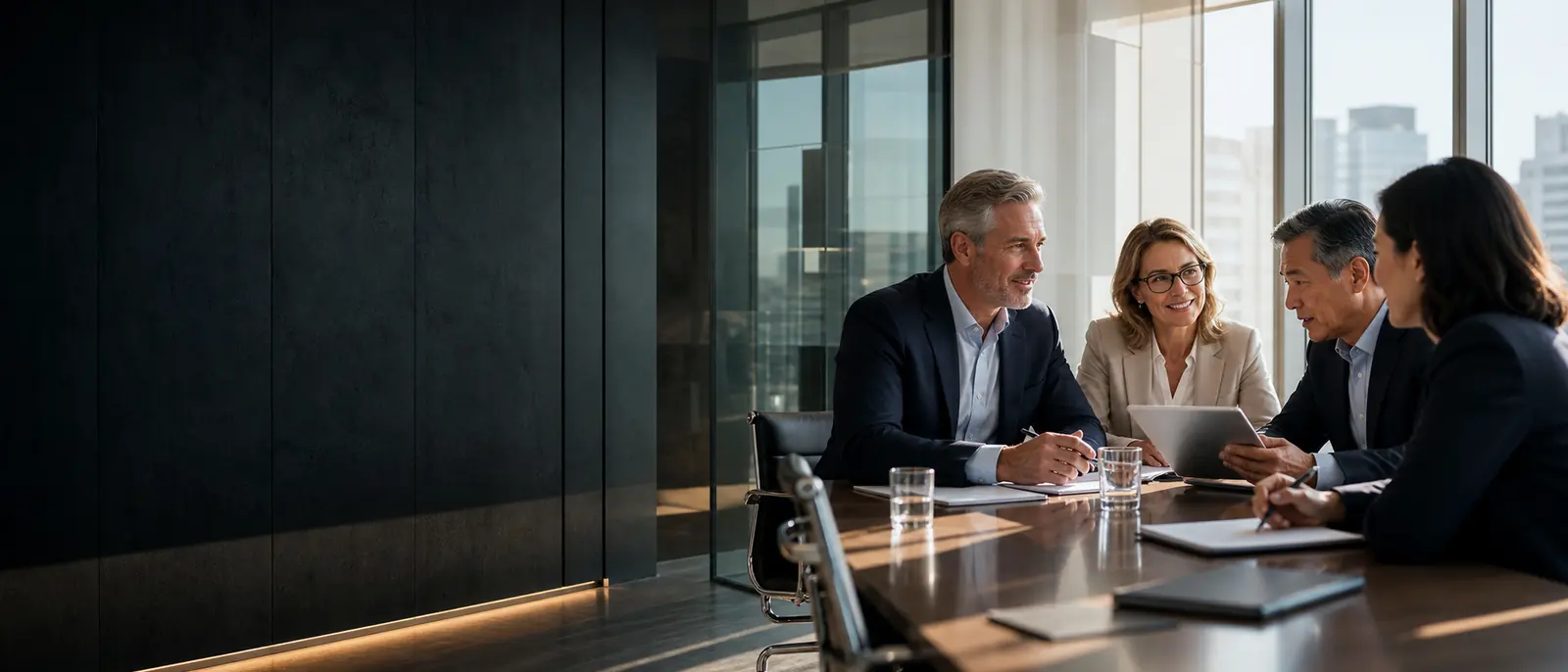 Board directors reviewing a mandate in a private boardroom