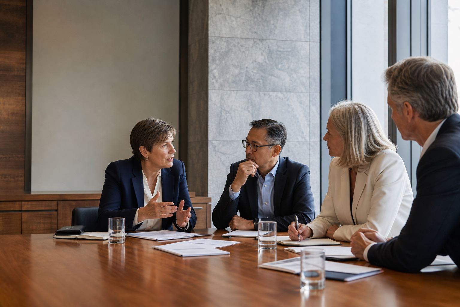 Senior executives discussing leadership priorities during a working session