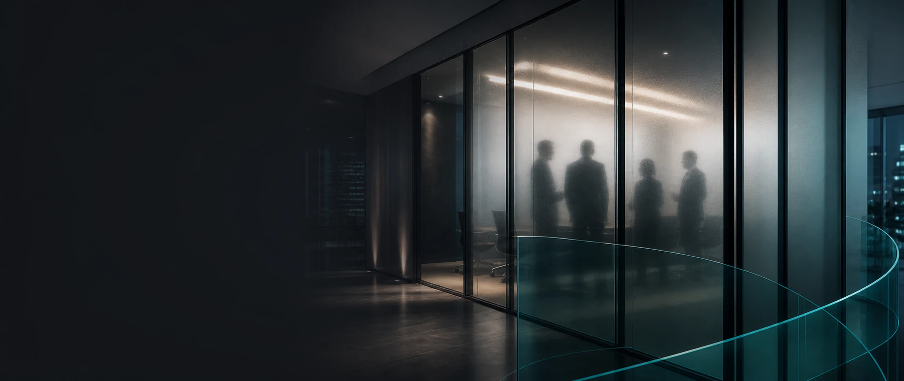Board leaders meeting behind frosted glass in a private executive office